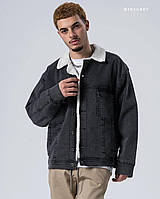 Мужская куртка-джинсовка на меху (серая) удобная теплая демисезонная с воротником sbjr2grey