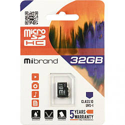 Карта Пам'яті Mibrand MicroSDHC 32gb UHS-1 10 Class Колір Чорний 8592112140054