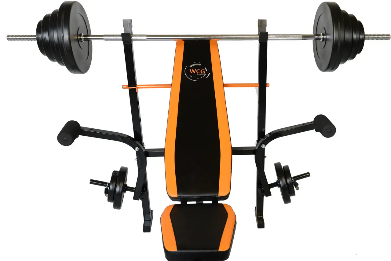 Лавка для жиму WCG 0055 + Штанга 60 кг + Гантелі, фото 1