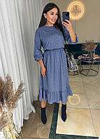 Женское нежное платье миди софт Турция в горошек романтического фасона с длинным рукавом талия на резинке OS 50/52, Джинсовый