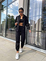Стильный трендовый вельветовый женский прогулочный костюм базовый микро-вельвет брюки и рубашка на пуговицах 46/48, Черный