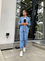 Стильный трендовый вельветовый женский прогулочный костюм базовый микро-вельвет брюки и рубашка на пуговицах 50/52, Джинс