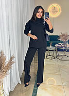 Женский базовый качественный прогулочный теплый костюм рубчик на флисе кофта под горло и брюки палаццо OS 50/52, Черный
