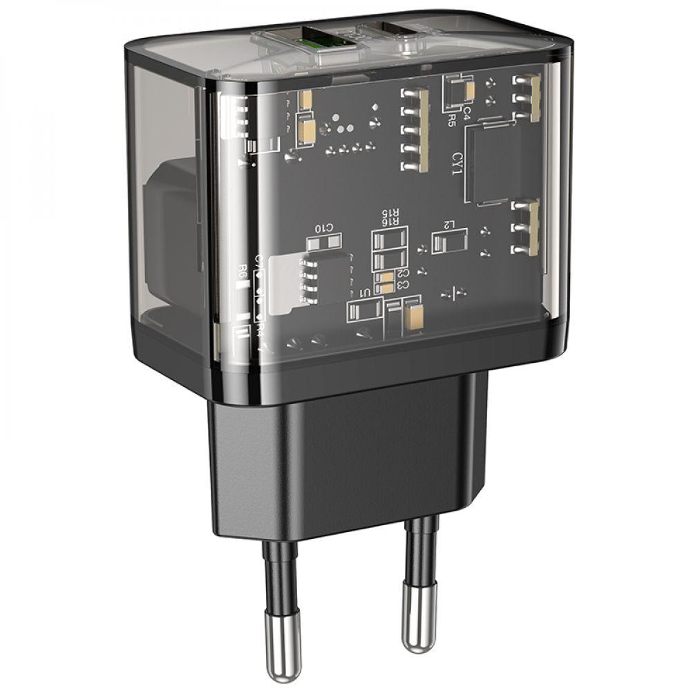 Мережевий Зарядний Пристрій Hoco N34 Dazzling PD20W+QC3.0 Колір Прозорий чорний 6931474799166