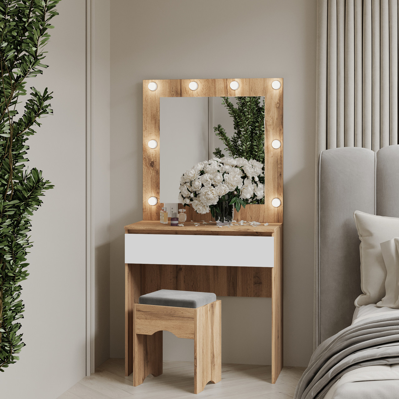 Туалетний столик з квадратним дзеркалом 1600х800х400 мм Дуб Тахо/Білий, фото 1