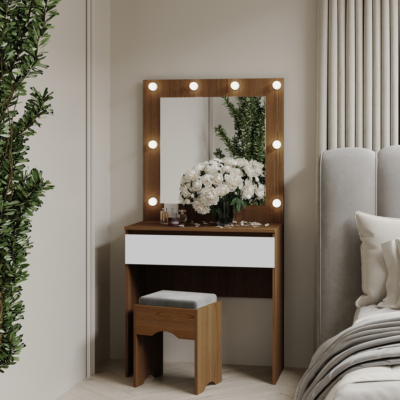 Туалетний столик з квадратним дзеркалом 1600х800х400 мм Дуб Родос/Білий, фото 1