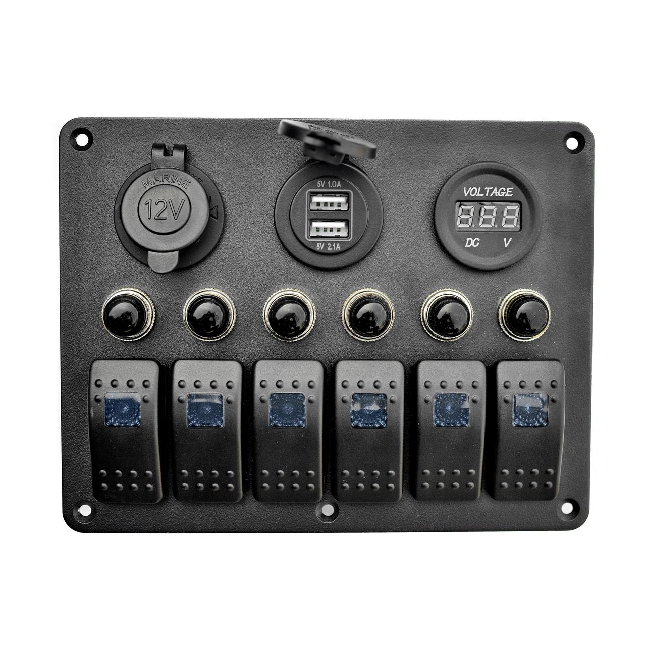 Панель на 6 перемикачів автомат HF60-106BU 155х115мм з прикурювачем подвійний USB порт і вольтметром для судна човна і катера, фото 1