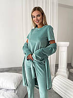 Велюровый домашний женский комплект (костюм тройка -  брюки, халат и футболка) бирюзовый, 42/44