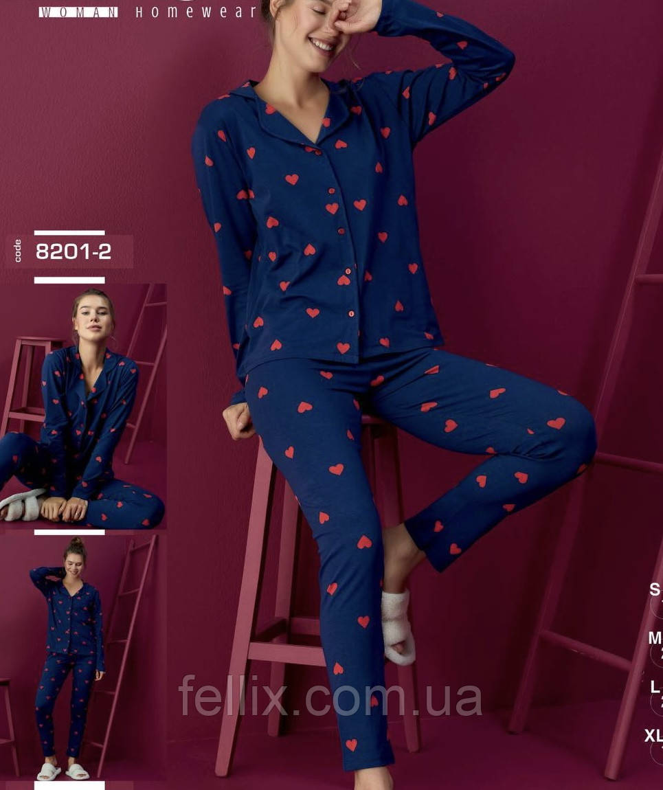 Бавовняний жіночий комплект, Комфортна жіноча піжама з бавовни, Піжама темно-синя з сердечками Elitol Fellix