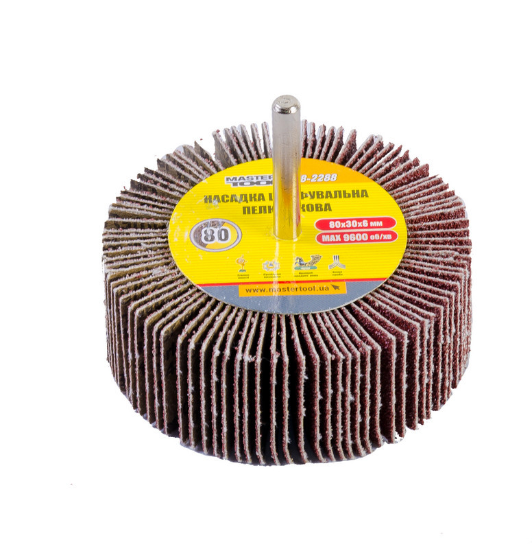 Насадка шліфувальна пелюсткова MASTERTOOL зерно 80 80х30 мм зі стрижнем 6 мм 08-2288, фото 1