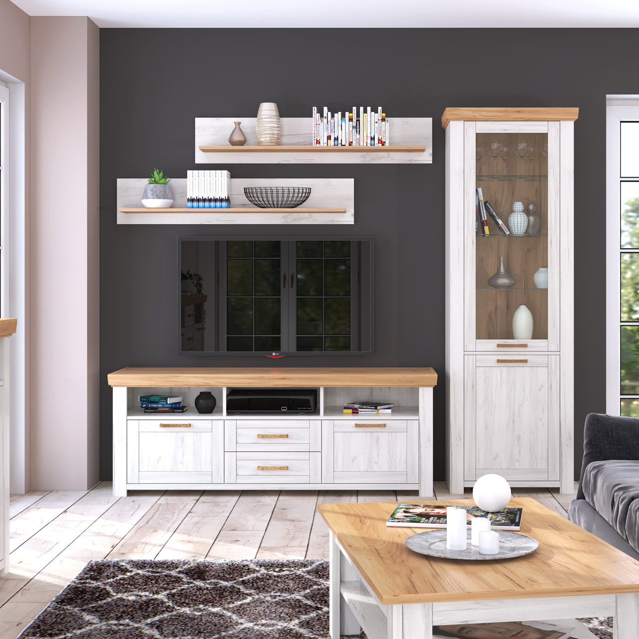 Невелика модульна біла стінка гірка під телевізор у вітальню, зал в скандинавському стилі Sudbury Blonski, фото 1