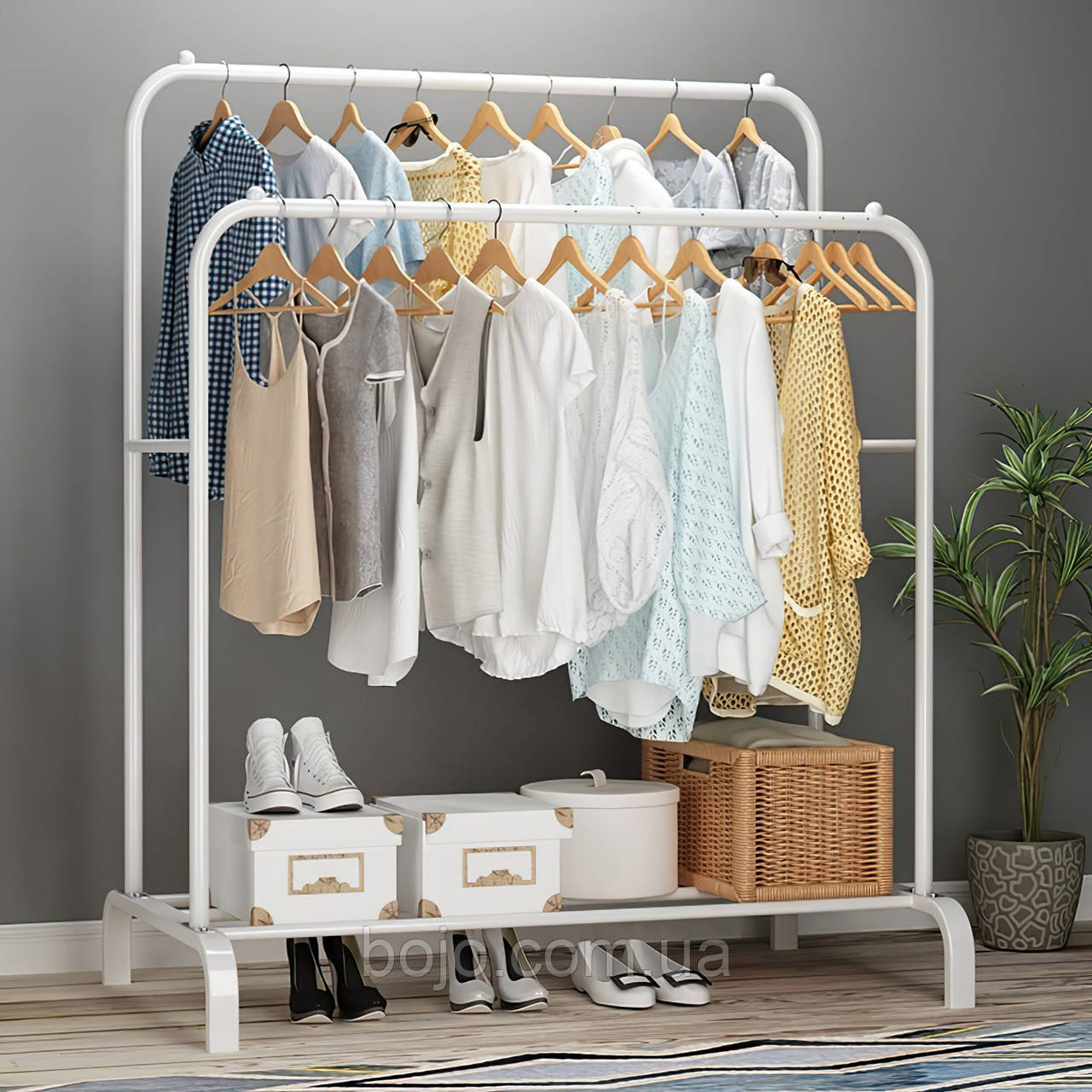 Подвійна стійка для одягу Double floor Hanger, вішалка, рейл із полицею для взуття білого кольору (212)