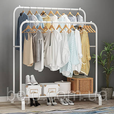 Подвійна стійка для одягу Double floor Hanger, вішалка, рейл із полицею для взуття білого кольору (212), фото 1