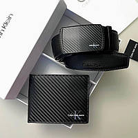 Подарочный набор мужской Calvin Klein черный кожаный ремень с пряжкой автомат и кошелек из натуральной кожи