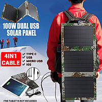 Солнечная батарея, панель для зарядки телефона 100W 5V/3A с кабелем 4 в 1