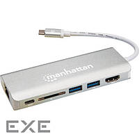 Порт-репликатор MANHATTAN USB3.1 Type-C -> HDMI/USB 3.0x2/RJ45/SD/PD 60W Hub 7-in-1 Silver (152075)