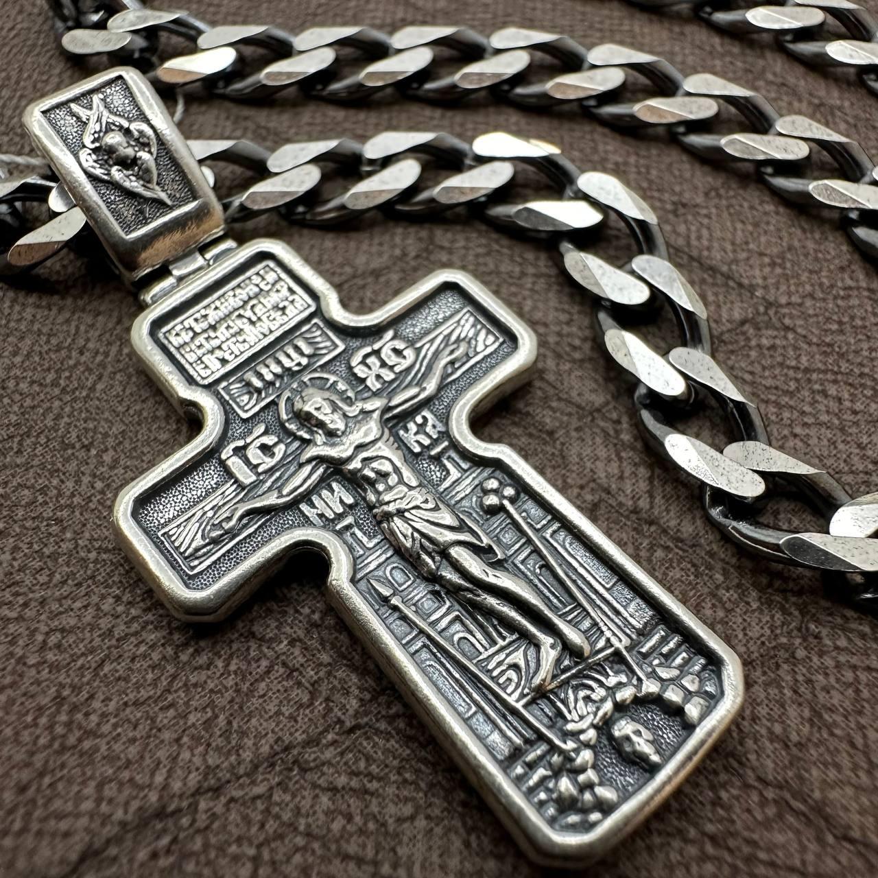Срібний комплект з чорнінням панцирний ланцюжок та православний хрестик 925 проба