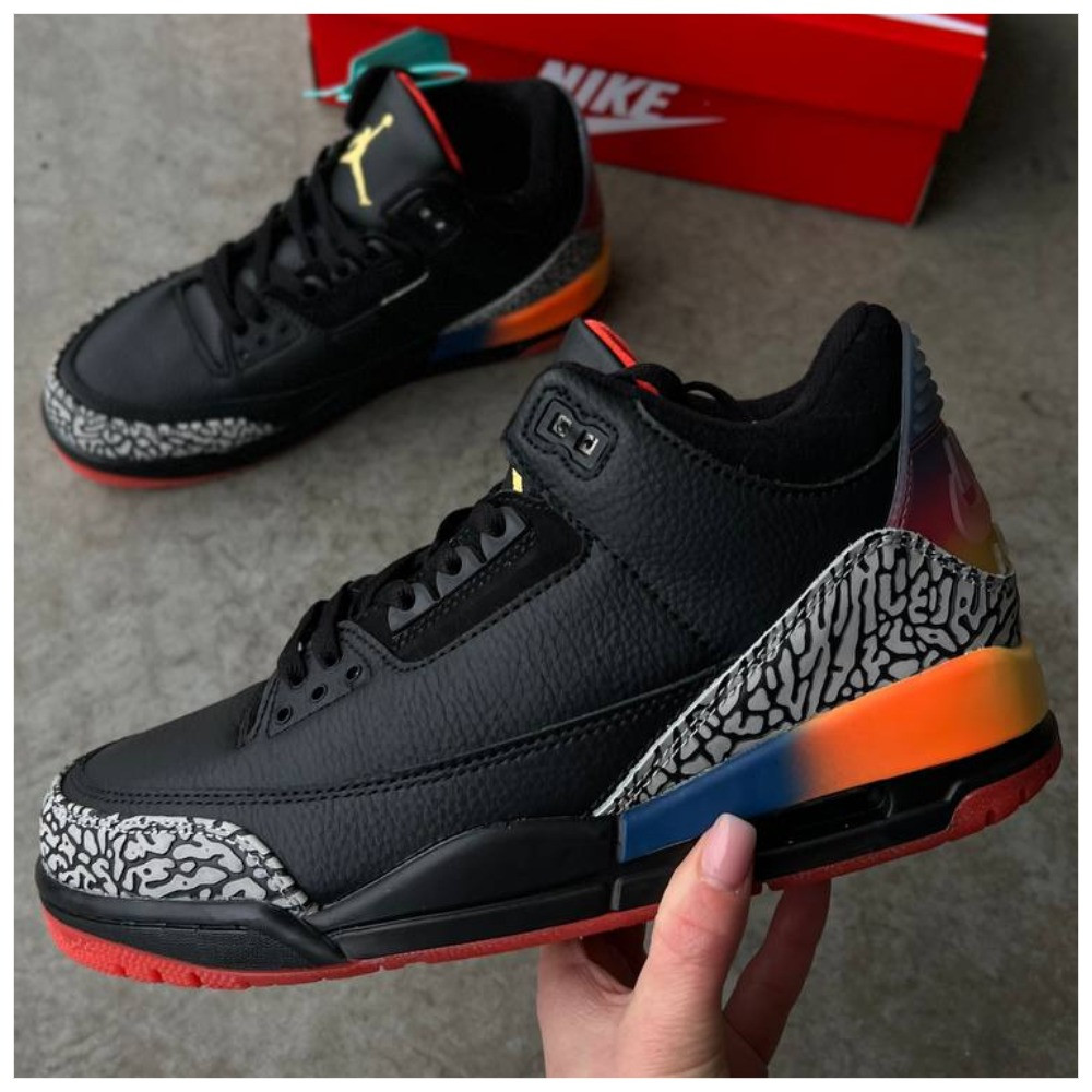 Чоловічі кросівки Nike Air Jordan 3 x J Balvin Medellin Sunset Black Retro, чорні шкіряні найк аір джордан 3 балвін меделін ретро, фото 1