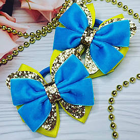 Бант шкільний в українському стилі на резинкі для волосся (бантик жовто-блакитний під вишиванку канзаші для дівчинки)