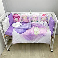 Комплект постільної білизни з ковдрою та бортиками на 4 боки у ліжко 120х60см- Овечки фіолетові з косичкою