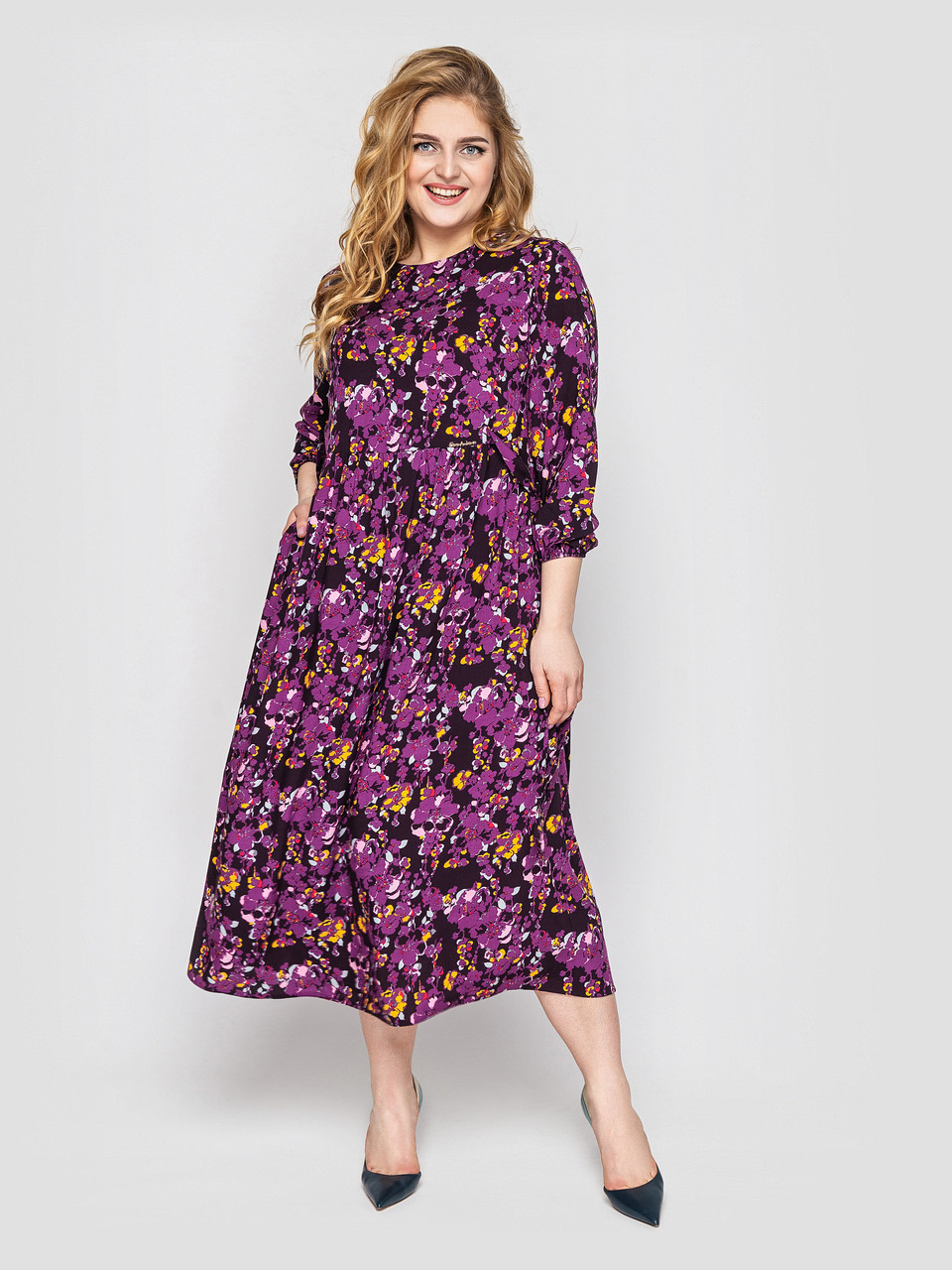 Плаття міді батал штапельне фіолетове з кишенями