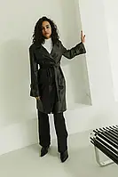 Кожаный тренч женский черный с поясом длинный плащ эко-кожа на подкладке с карманами весенний осенний