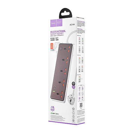 Мережевий фільтр Hoco AC14A Rico 5-position socket (PD30W/1C3A) (EU) Black, фото 2