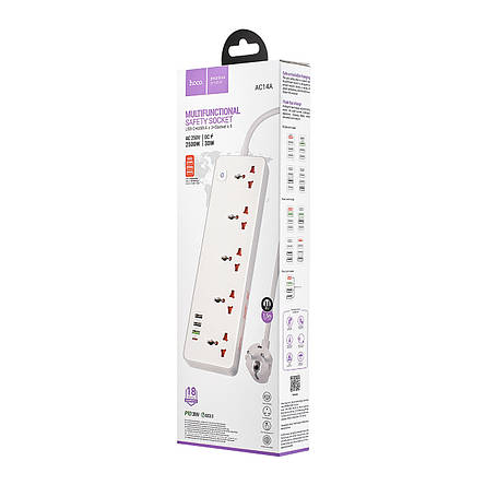 Мережевий фільтрі Hoco AC14A Rico 5-position socket (PD30W/1C3A) (EU) White, фото 2