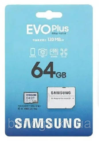Карта пам'ятi Samsung microSDXC EVO Plus UHS-I U3 V30 A2 + SD-адаптер, 64Gb, Class 10