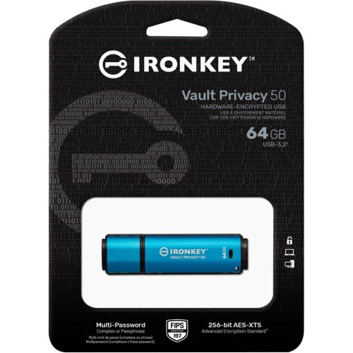 USB флеш накопичувач Kingston 64GB IronKey Vault Privacy 50 Blue USB 3.2 (IKVP50/64GB) - фото 5 - id-p2087075584