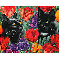 Картина по номерам Strateg ПРЕМИУМ Кошки в тюльпанах с лаком размером 40х50 см VA-2593
