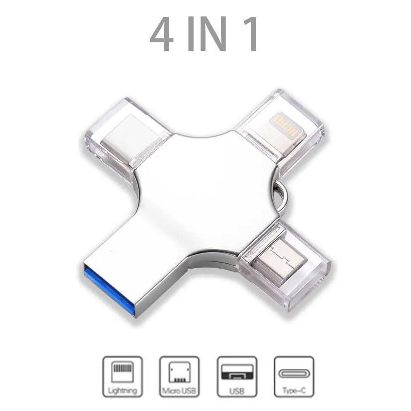 Флешка 4-в-1 128 ГБ Lightning USB Type-C для Apple iPhone iPad, Android, комп'ютера, ноутбука, металева
