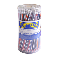 Карандаш графитовый Buromax SILVER НВ, с ластиком, трехгранный, ассорти, с серебр. полосой, туба 100 шт.