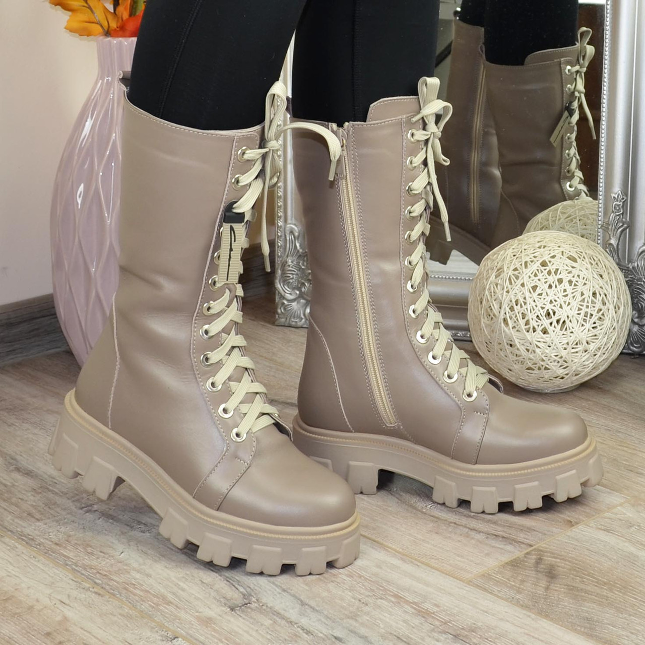 Черевики високі шкіряні жіночі на потовщеній підошві. Колір візон, фото 1