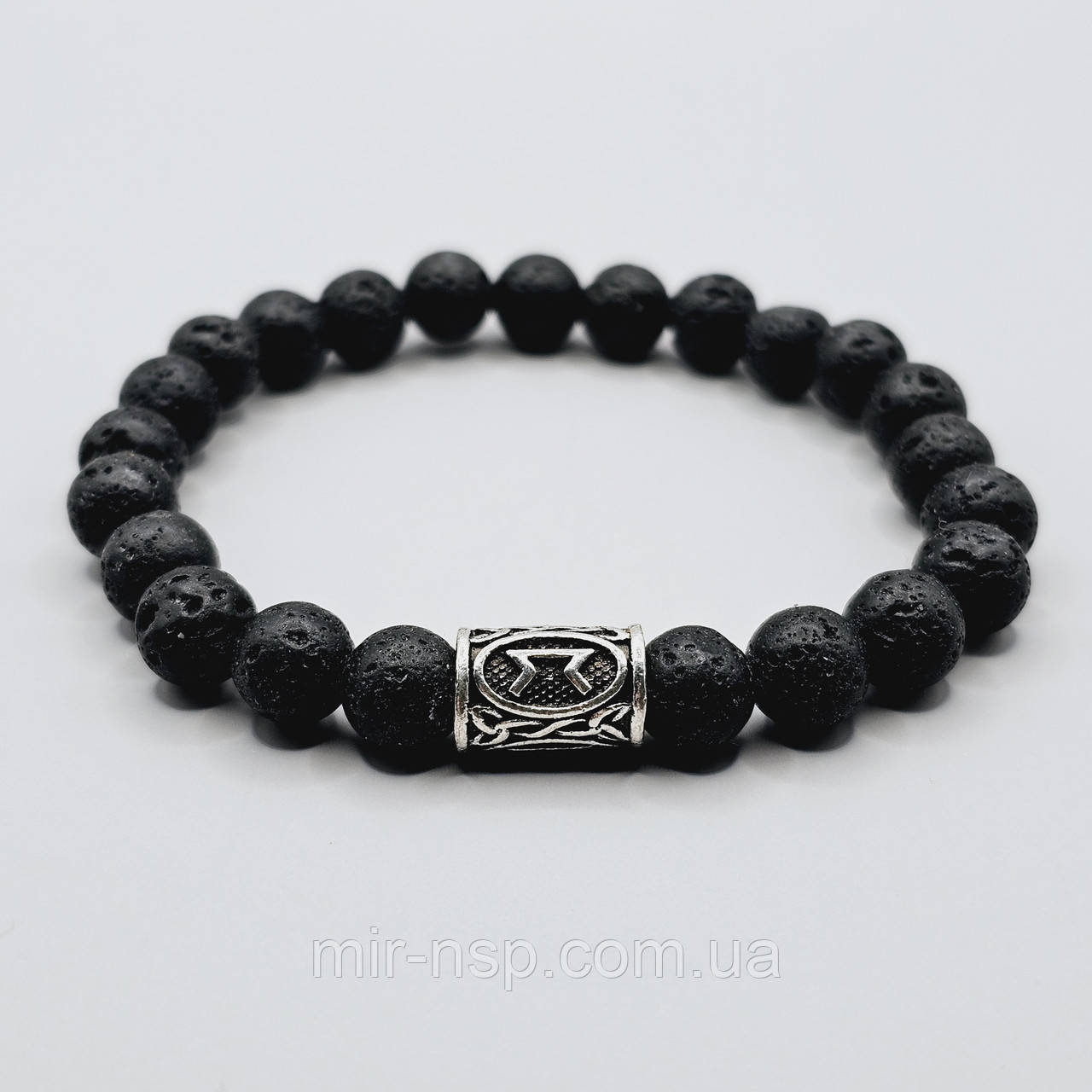 Браслет чоловічий 100% натуральна лава 8 мм та руна Перто, фото 1