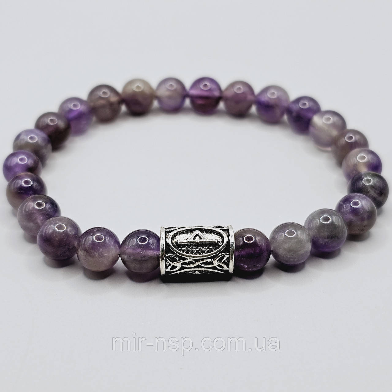 Браслет 100% натуральний аметист 8 мм та руна Турисаз, фото 1