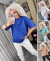 Однотонна трикотажна футболка жіноча довга оверсайз, синя, біла, зелена, бежева, розмір 42/48