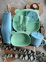 Набор детской посуды Мишка голубой с мятным из 8 предметов