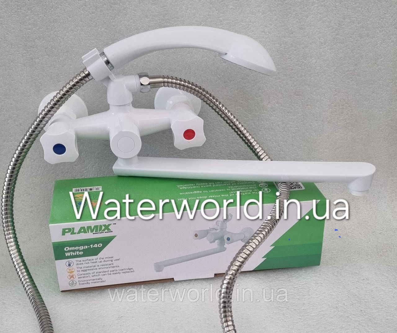 Змішувач для ванної кімнати PLAMIX Omega-140 White білий з термопластику з довгим поворотним носиком, фото 1