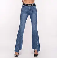 Женские синие джинсы клеш с разрезом 25