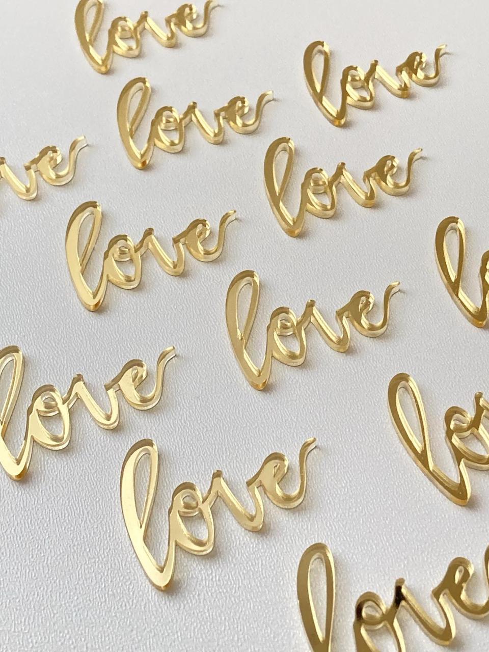 Топер у торт LOVE золотий англійською мовою дзеркальний