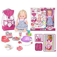 Кукла функциональная (горшок, бутылочка, посуда, игрушки-кубики, соска, сьемная обувь, рюкзак) WZB 8801-8