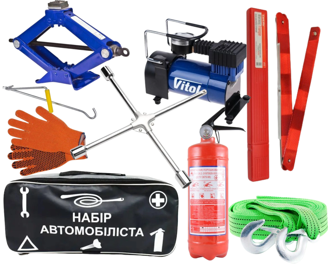 Набір Автомобіліста 8в1 з домкратом та компресором, набір технічної допомоги, фото 1