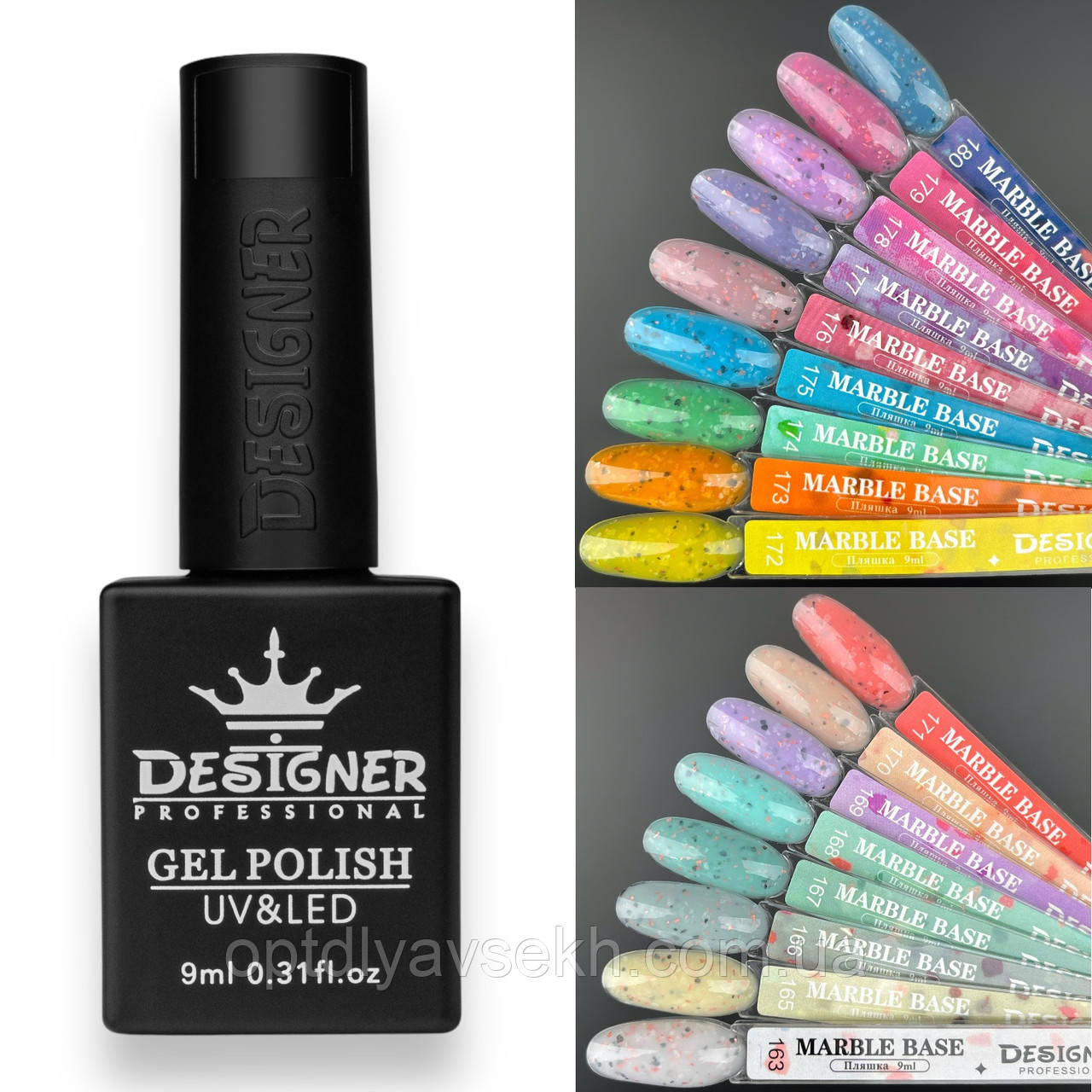 Marble base Дизайнер (9мл.) Кольорова база з різнобарвними пластівцями Юкі (поталлю) для манікюра і педікюра., фото 1