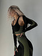 Бесшовный женский спортивный костюм тройка для фитнеса 3в1 черный с зеленым (лосины, топ, рашгард)