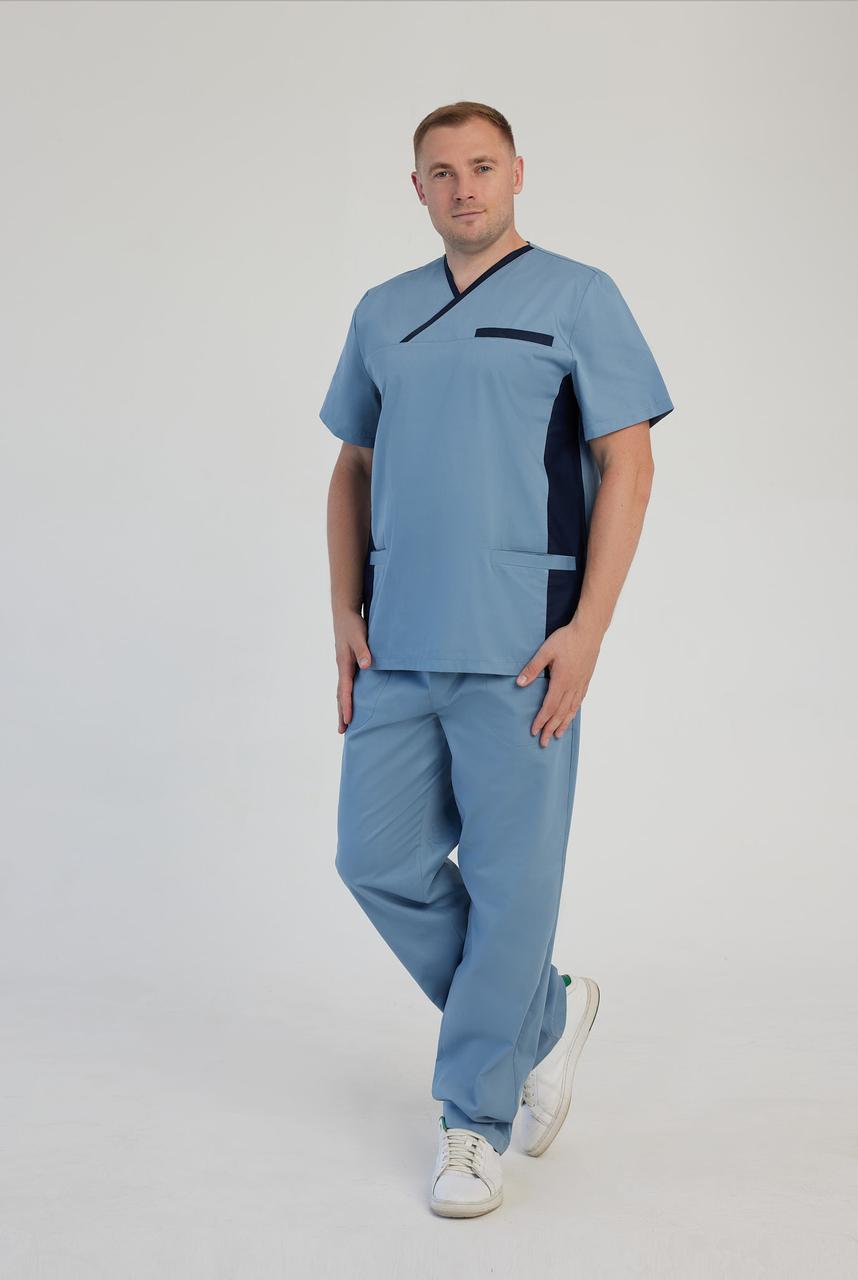 Чоловічий медичний костюм Орест сірий з синіми вставками - Костюм для масажиста