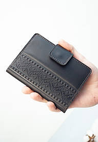 Портмоне для документів шкіряне чорне з тисненням Вишивка | для автодокументів, паспорта, військового