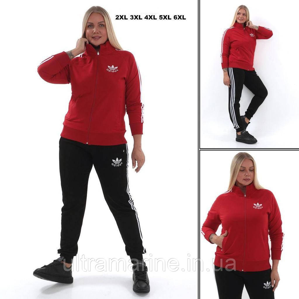 Жіночий спортивний костюм Adidas червоний (Адідас трикотаж двунить Туреччина) батал 50-52-54-56-58р, фото 1