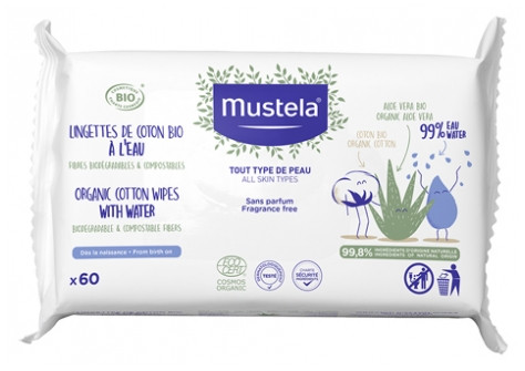 Вологі серветки з органічної бавовни Mustela (Baby Organic Cotton Wipes with Water) 60 шт термін 06/25