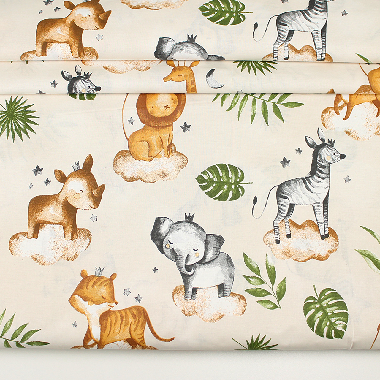 Ранфорс шириною 240 см "Звірятка на хмарах у листі" на бежевому № К-44-1, фото 1